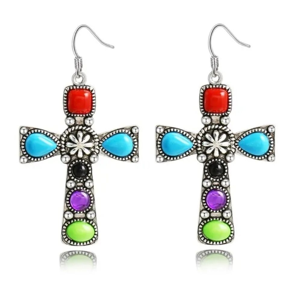 Ladies Boho Cross Metal Engraved Pattern Earrings